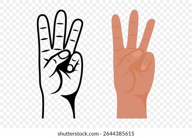 Cartoon Counting Hand Showing Number Three, Vector Illustration. Finger Count Sign, Number 3 Gesture Icon, Hand Signal Illustration, Finger Gesture Symbol, Counting Fingers