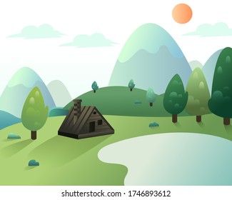 Cartoon of country house in the forest and ecology green forest, world environment and earth day concept. eps 10 vector. 
