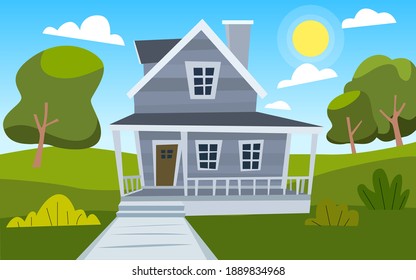 Cartoon country house with grass and trees