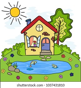 The cartoon country house and a lake with fish, summer vacation