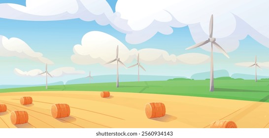 Cartoon countryside illustration, background with golden wheat fields, hay bales, wind turbines under blue sky with clouds. Eco-friendly, agricultural renewable energy projects.