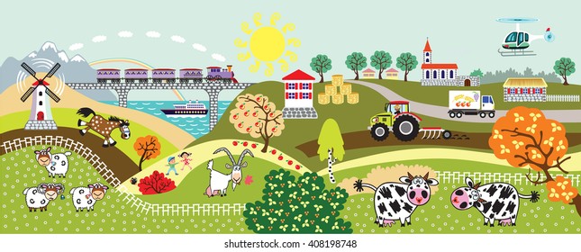 cartoon countryside rural landscape with farm animals,tractor, train, helicopter and mill. Children illustration vector banner