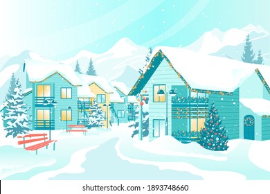 Cartoon Countryside Street with Decorated Houses under Snowfall. Christmas Landscape. Flat Village with Snow Covered Cottages, Benches, Lanterns. Winter Holidays. Vector Festive Illustration