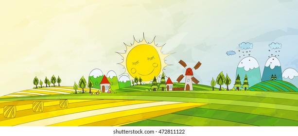 Cartoon Countryside. Summer Landscape. Vector illustration.

