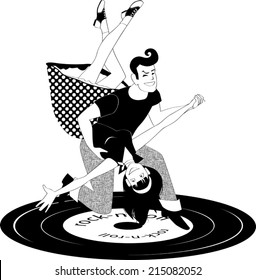 Cartoon couple in 1950s style clothes dancing rock'n'roll