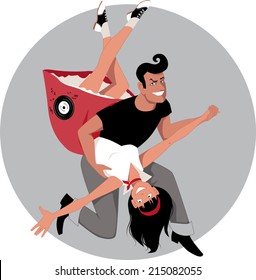 Cartoon couple in 1950s style clothes dancing rock'n'roll