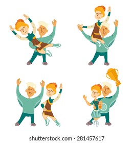Cartoon couple of ballroom dancers in various poses isolated on white background. Vector illustration.