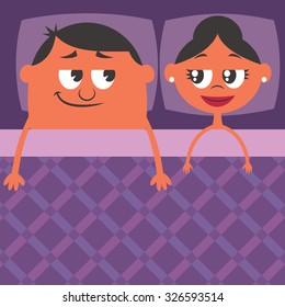 Cartoon couple in bed. 