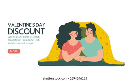 Cartoon couple, bed, discount, flat vector landing page template. Flat vector. Isolated vector illustration.