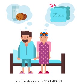 Cartoon couple before going to sleep in bed vector illustration. Wife in night cloths thinking of going to sleep. Husband trying to fight insomnia by eating cookies with cup of milk.