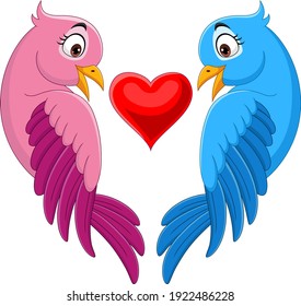 Cartoon couple of bird in pink and blue with heart shape