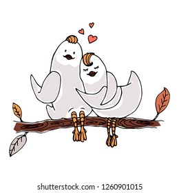 A cartoon couple of birds hugging sitting on a tree branch on Valentine's Day.