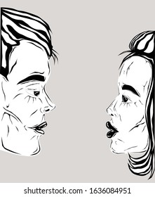 Cartoon of a couple in black and white preparing to kiss, view from side