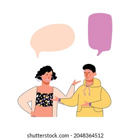 Cartoon couple with blank speech bubbles - people talking and smiling isolated on white background. Top half view of man and woman speaking - flat vector illustration.