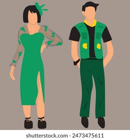 Cartoon couple boy and girl green dress party