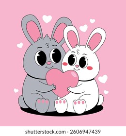 Cartoon couple bunny hugging love