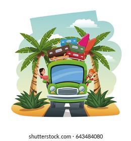 cartoon couple bus baggage surfboard on the tropical road
