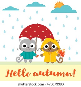 Cartoon couple of cats under umbrella. Hello autumn illustration