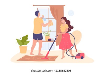 Cartoon couple cleaning house together. House interior with housewife vacuuming cleaning window flat vector illustration. Housework, family concept for banner, website design or landing web page