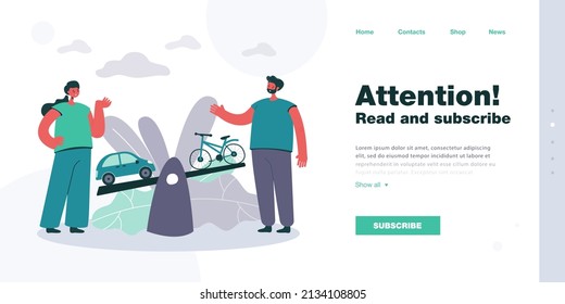 Cartoon couple comparing car to bicycle on seesaw. Choosing between eco transport and automobile flat vector illustration. Ecology, transportation concept for banner, website design or landing page