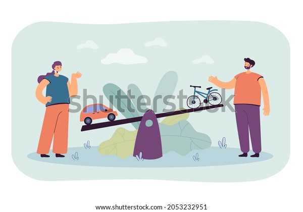 Cartoon couple comparing car to bicycle on seesaw.\
Choosing between eco transport and automobile flat vector\
illustration. Ecology, transportation concept for banner, website\
design or landing page