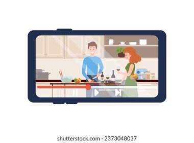 Cartoon couple cuts vegetables for salad. People enjoying cooking food together at kitchen vector recording on smartphone screen. Homemade healthy dish, educational broadcast, blog