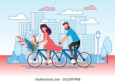 Cartoon Couple Cycling on City Street. Man and Woman, Boyfriend and Girlfriend Riding Bicycles. Eco Walking Tour, Tourist Excursion. Touristic Entertainment, Voyage in Town. Vector Flat Illustration