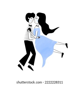 Cartoon couple in dance. Cute doodle characters in love. Simple creative illustration in comic book style. A boy and a girl are dancing a classical dance. Clipart for design for Dance class, prom.