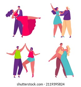 Cartoon couple dancing. Female and male dancers taking part in tournament or competition. Characters leading active lifestyle, doing movements set vector illustration. Performance at show