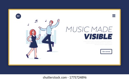 Cartoon couple dancing, music enjoyment landing page design. Young man and woman dance over template background. Cheerful people on disco in club or party. Linear vector illustration