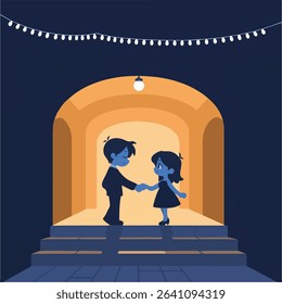 Cartoon couple dancing at night under string lights
