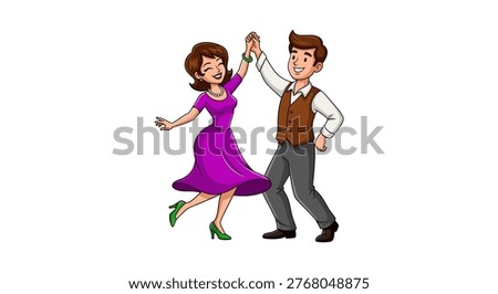Cartoon couple dancing together in a lively scene isolated on white background