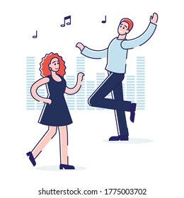 Pareja de dibujos animados bailando. Personajes jóvenes y felices bailando y cantando sobre el fondo del ecualizador musical. La gente alegre de la discoteca disfruta de la música. Ilustración vectorial lineal