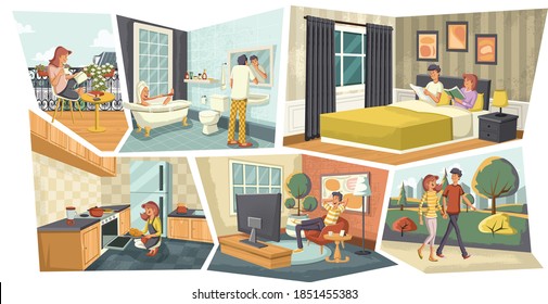 Cartoon couple in different places at home.