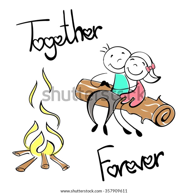 Cartoon Couple Doodle Picnic Near Fire Stock Vector Royalty Free