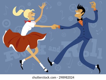 Cartoon couple dressed in 1950s fashion dancing rock and roll, vector illustration, no transparencies, EPS 8
