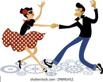 Cartoon couple dressed in rockabilly style fashion, dancing rock and roll, vector illustration, no transparencies, EPS 8