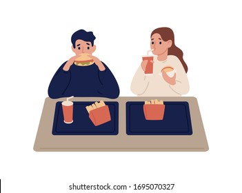 Cartoon couple eating fast food at cafeteria vector flat illustration. Colorful man and woman eat burger, french fries and beverage sit at table isolated on white. Hungry people trying meal