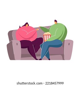 Cartoon Couple Eating Popcorn At Home. Flat Vector Illustration. Man And Woman Sitting On Cozy Couch In Living Room, Spending Evening Time Together. Family, Food, Weekend Concept