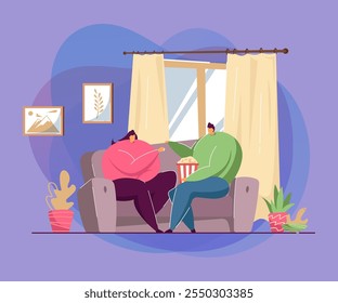 Cartoon couple eating popcorn at home. Flat vector illustration. Man and woman sitting on cozy couch in living room, spending evening time together. Family, food, weekend concept for banner design