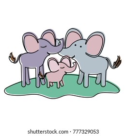 cartoon couple elephants and calf over grass in watercolor silhouette