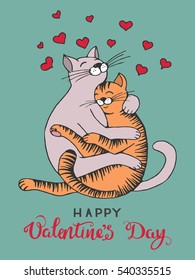 Cartoon couple embracing lovers of cats. Happy Valentine card design. Vector illustration