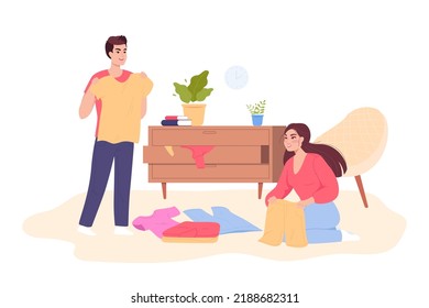 Cartoon couple folding and sorting clothes together. Cleanup at home, wife and husband organizing wardrobe or drawer flat vector illustration. Laundry, household, family concept for banner