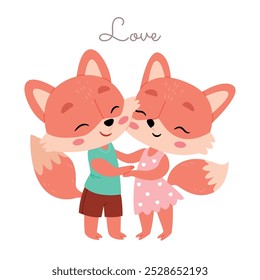 Cartoon couple of foxes in love hugging.Adorable couple of valentine foxes.Cartoon poster, Valentine's day card.