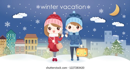 cartoon couple go travel in winter vacation at night