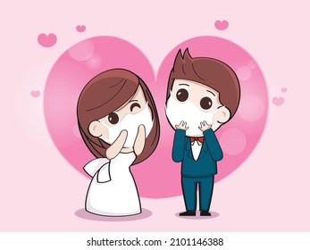 Cartoon of couple groom and bride kissing with face masks in their wedding during covid-19 to prevent coronavirus.