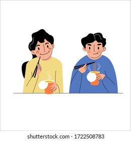 A cartoon couple have lunch together with ramen noodles. People enjoy delicious Asian food. Colorful vector illustration on an isolated white background.