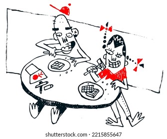 Cartoon couple having lunch or dinner. Illustration outlined in comic style. Hand drawn sketch outlines