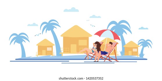 Cartoon Couple Having Rest and Sunbathing on Beach. Man and Woman Characters Sitting on Chaise Longue. Tropical Hotel with Water Bungalow on Backdrop. Vector Happy Summertime Illustration