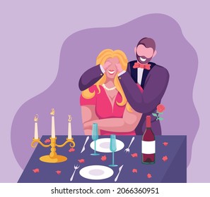Cartoon couple having a romantic date in the restaurant with wine, candles. Happy boyfriend surprising girlfriend with flowers. Spending time together at home. Colorful vector illustration.